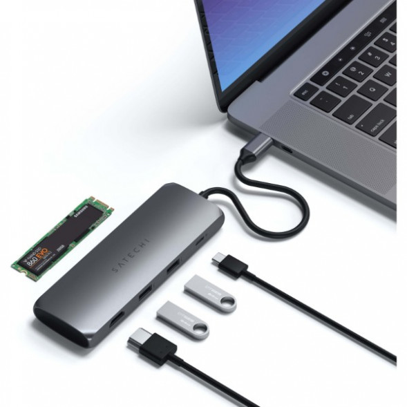 Док-станция Satechi USB-C Hybrid Multiport Adapter (with SSD Enclosure M.2 SATA, 2xUSB 3.1, USB Type-C, HDMI), Серый ST-UCHSEM в Комсомольске-на-Амуре